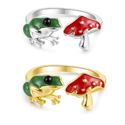Green Frog-Red Mushroom Open Rings for Women Girls Cute Colorful Frog-Mushroom Aesthetics Jewelry for Birthday New Year