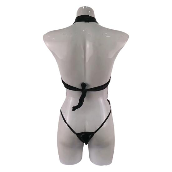 Women Sexy Bodysuit Low-cut Backless Sleeveless Lace Smooth Faux Leather Ring Hoop Decor