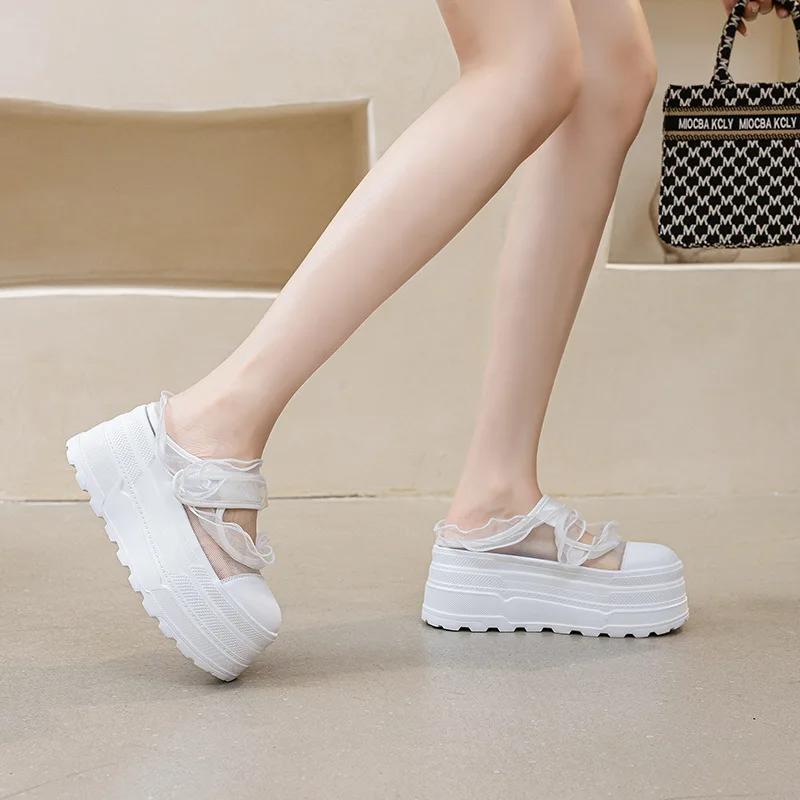 

Fashion 8CM Air Mesh Women New Summer Spring Slides Sandals Platform Wedge Microfiber Mules Shoes Chunky Sneaker Platform Wedge Slippers 39 белый
