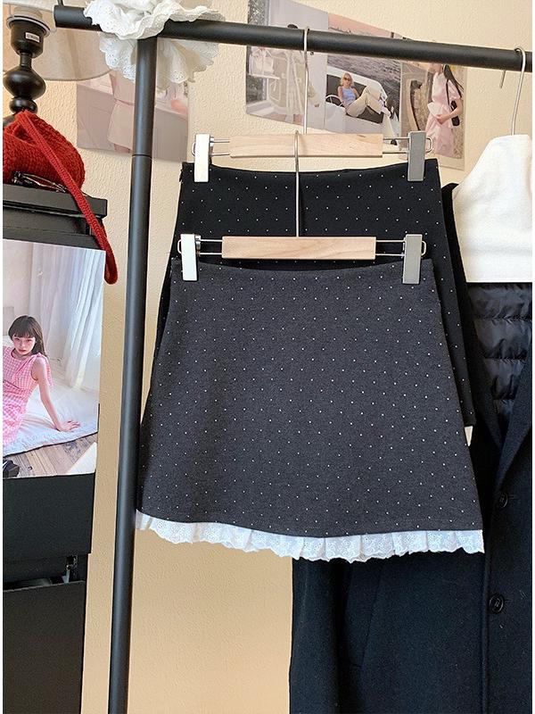 Plus Size Women's Retro Lace Trim Polka Dot Wool Blend Bodycon Mini Skirt