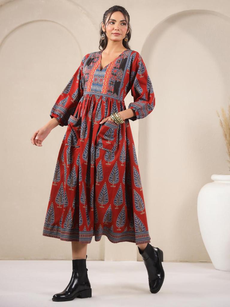 Hand Block Printed Dress Midi Cotton Floral Dress Boho Chic Holiday Summer Indian Cotton Dress Handmade In India Jaipuri Dress with Pockets