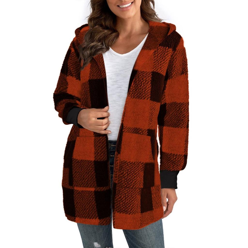 Fall Winter Women's Plaid Hooded Fleece Coat, New Casual Warm Outerwear for Women