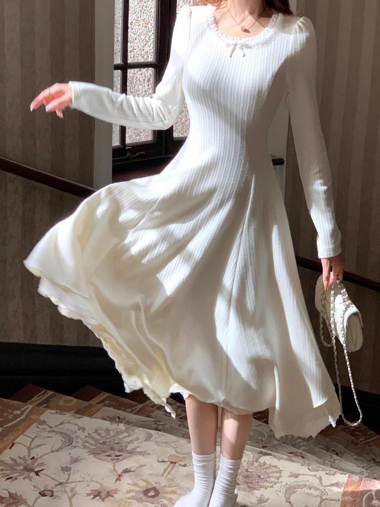 Elegant French Long Sleeve Dress for Women Autumn Casual Minimalist Boutique Inner Wear White Long Dress New Style