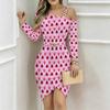 Women Plus Size Asymmetric Cold Shoulder Long Sleeve Heart Print Bodycon Midi Dress With Irregular Hem