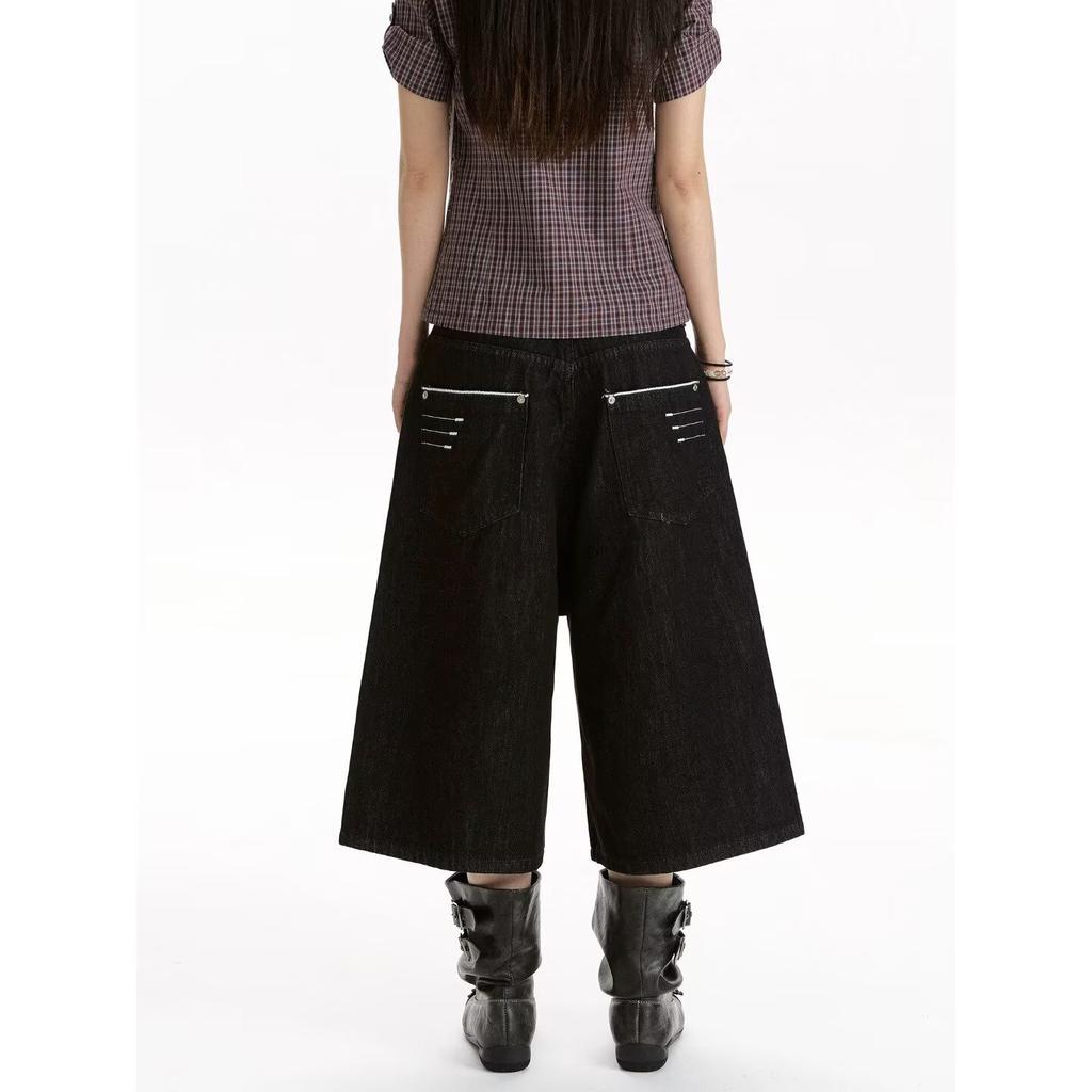 American retro denim cropped pants men's and women's trendy brand washed high-end loose and versatile casual wide-leg denim shorts