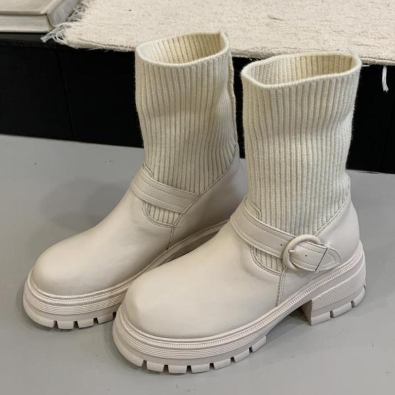 

Fashion Winter Warm Knitted Stretch Sock Boots Women Fashion Round-toe Belt Buckle Design Ankle Boots Comfort Waterproof Platform Boots 35 бежевый