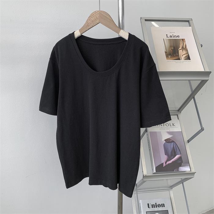 

Женская белая футболка из матового хлопка с U-образным вырезом, с коротким рукавом, свободного кроя, в стиле кэжуал One Size чёрный