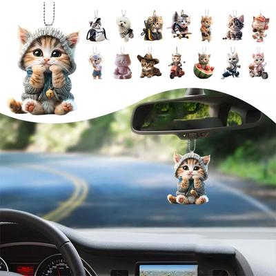 2D Car Pendant Hanging Ornament With Chain Realistic Animal Cat-Shaped Interior Rearview Mirror Decor Car Accessories Hangi G2Z5