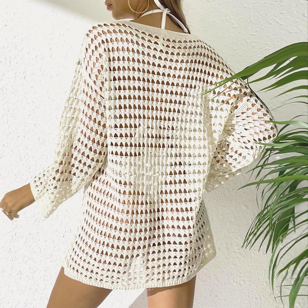 Women's Summer Knit Hollow Out Pullover Round Neck Long Sleeve Bikini Cover Up Beachwear Swimwear Dress