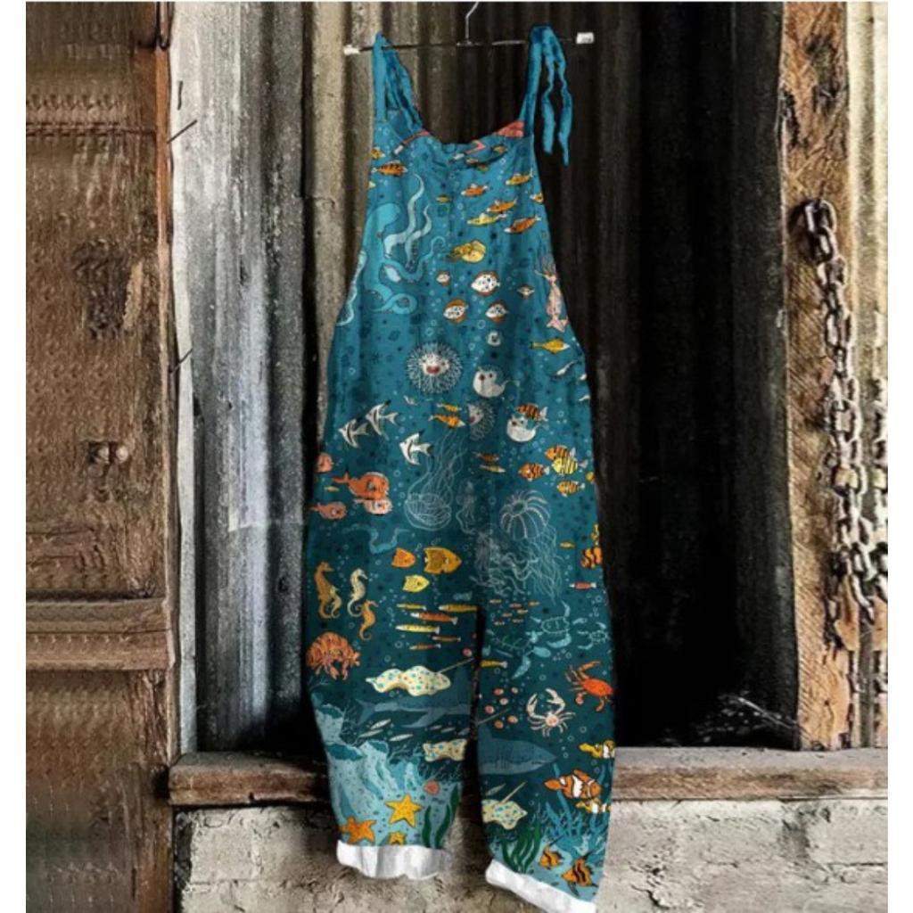 VIONA Suspenders Jumpsuits Women Print One Piece Pocket Overalls Sling Long Pants Casual Loose High Waist Rompers Y2k Streetwear