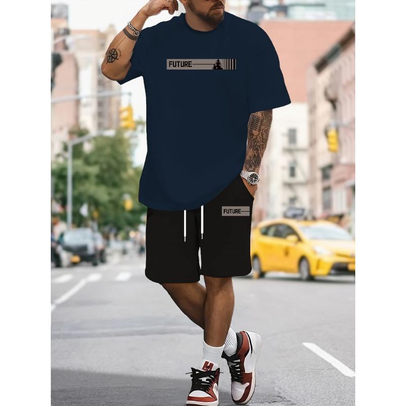 Printed Men's 2-piece Round Neck Short Sleeved Top and Shorts Set for Comfort