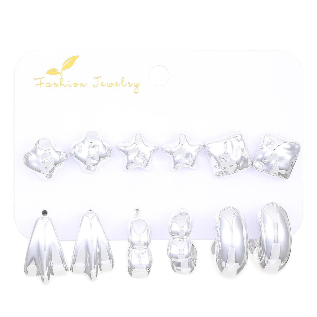 2026 style earrings, personalized earrings C-shaped irregular exaggerated alloy earrings 6-piece set, gold and silver card wholesale