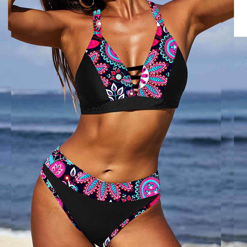 

Женский купальник-бикини с лямкой на бретельках и сложной ретро-графикой, купальник-танкини 4XL