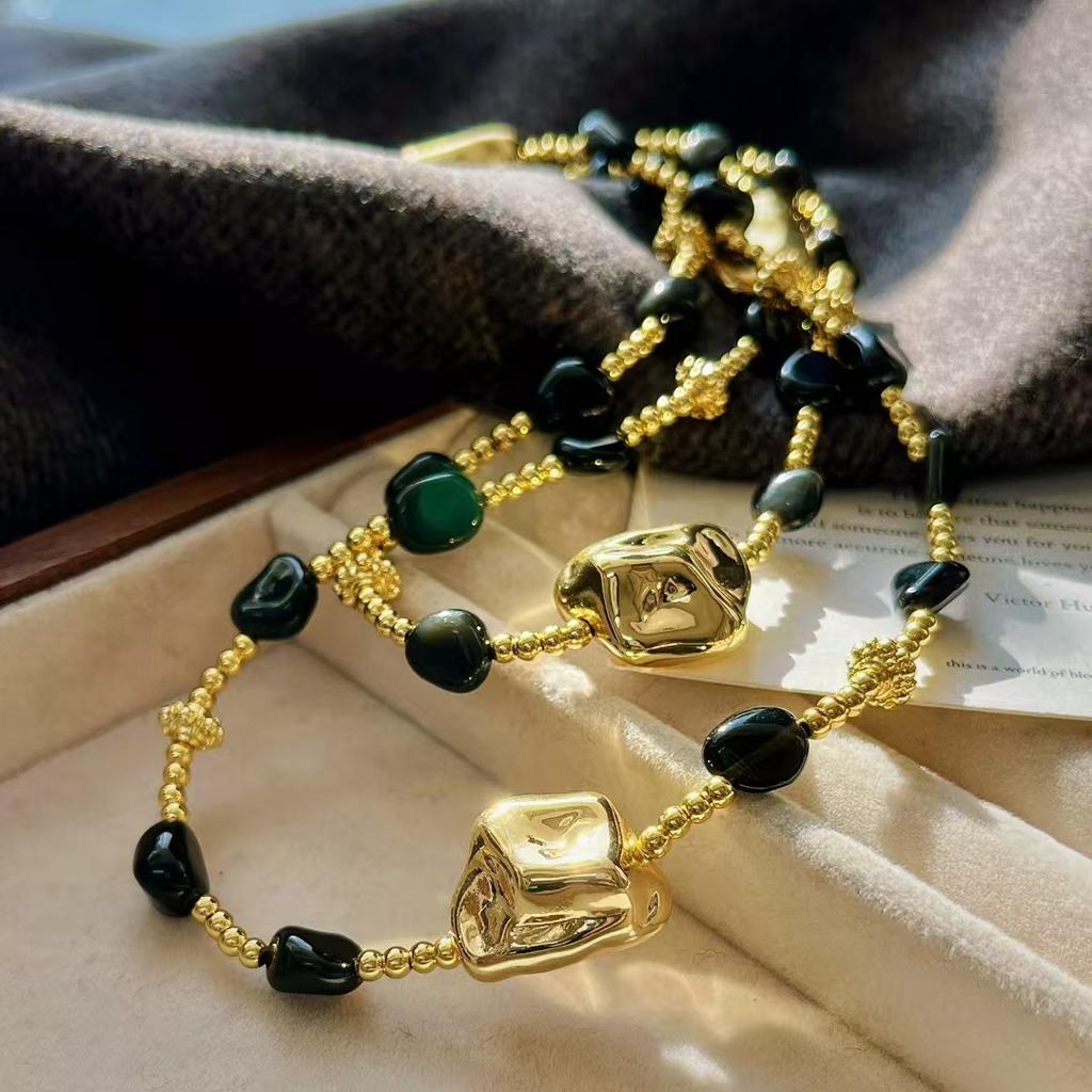 Vintage High Quality Natural Black Agate Design Sweater Chain Necklace Collarbone Chain