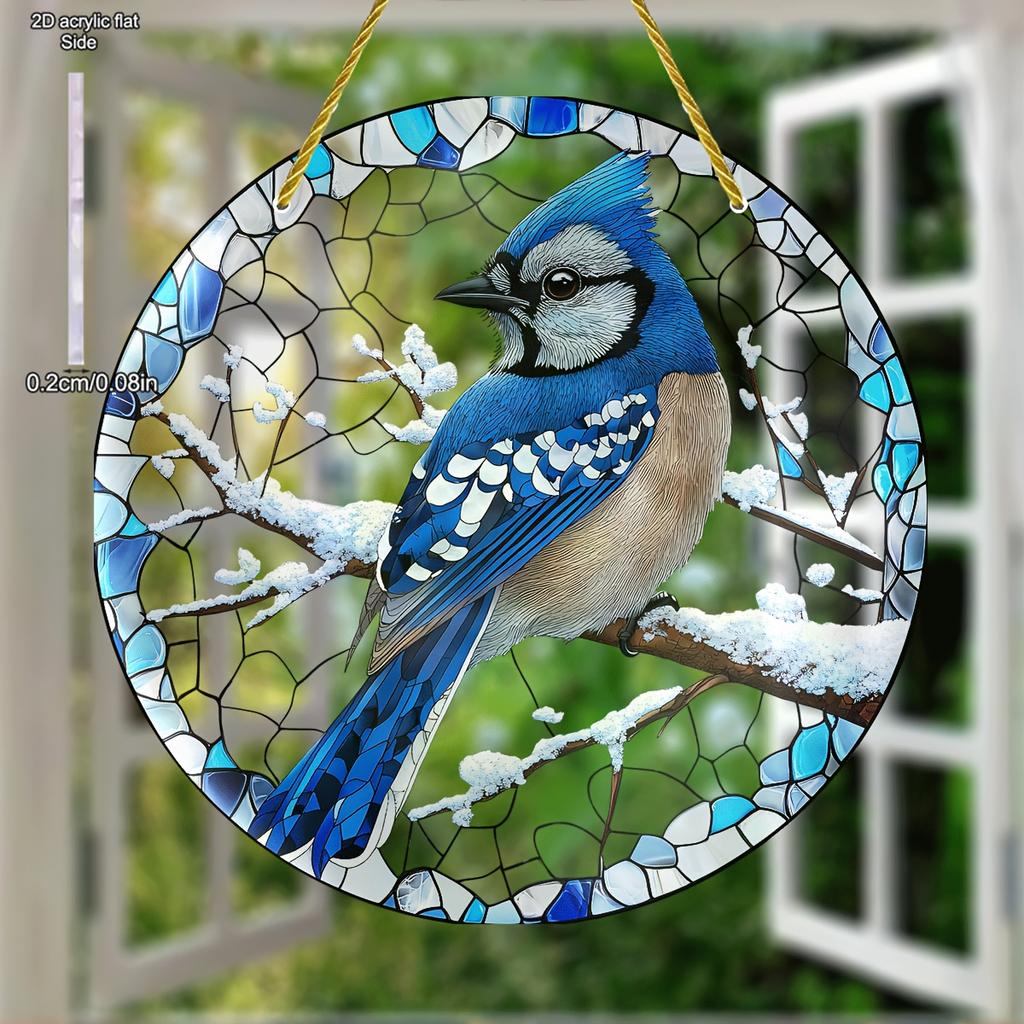 Charming Blue Jay Acrylic Sun Catcher - Winter Wonderland Window Hanging, Decorative Art for Home & Garden, Ideal Gift for Bird Enthusiasts & Nature L