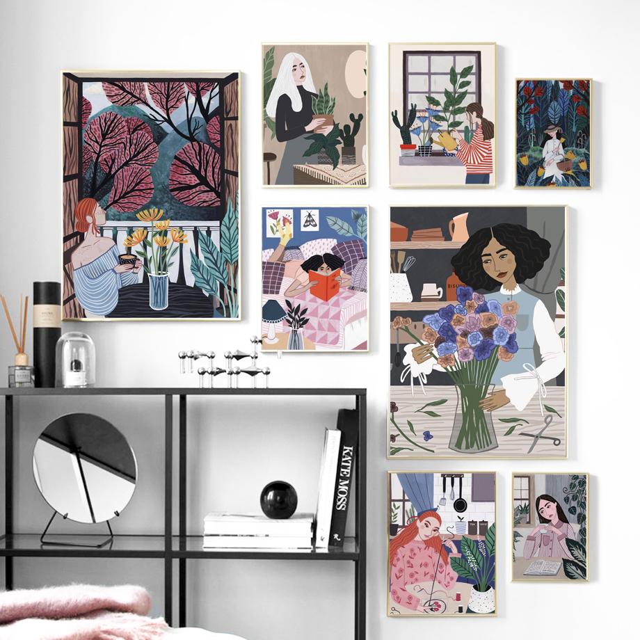 

Покраска Плакаты и принты Стена Гостиная Декор Винтажный Абстрактный Красочная Девушка Собака Цветок Настенное Искусство Холст