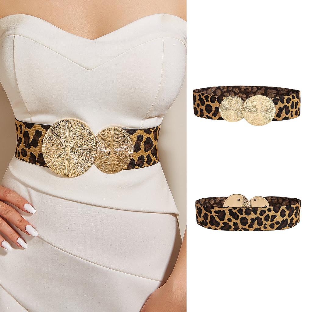 Ladies Leopard Print Corset Elastic Wide Waist Belt with Round Buckle Universal Women Banquet Dress Shirt Coat Corset