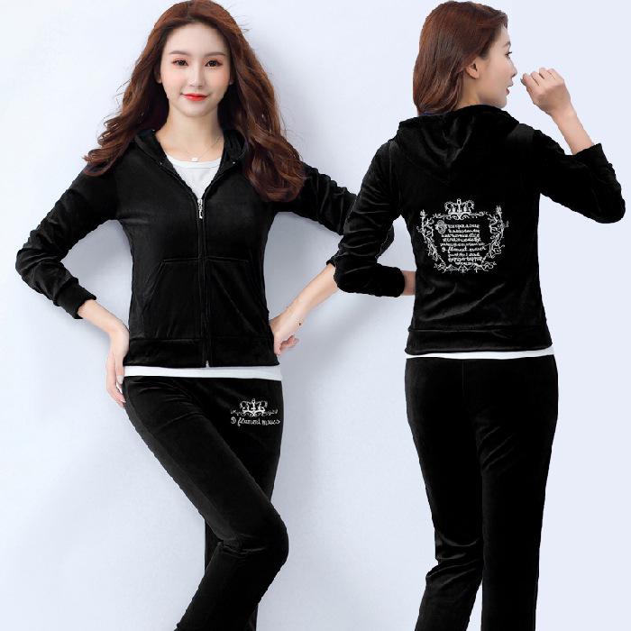 Women's Gold Velvet Embroidered Sports Suit - 2022 Spring/Autumn New Style Casual Two-Piece for Running