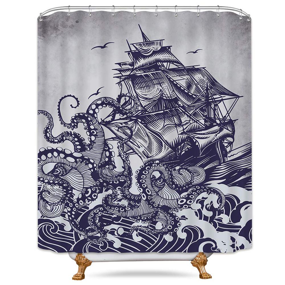 Fashion Hand Painted Effect Sailboats Octopus Pattern Shower Curtain for Bathroom 72x72in (183x183cm)#1