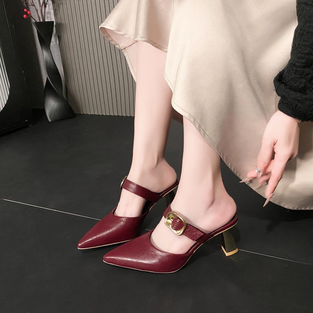 2025 summer new temperament pointed versatile metal buckle thick heel versatile simple mature bag head high heel slippers