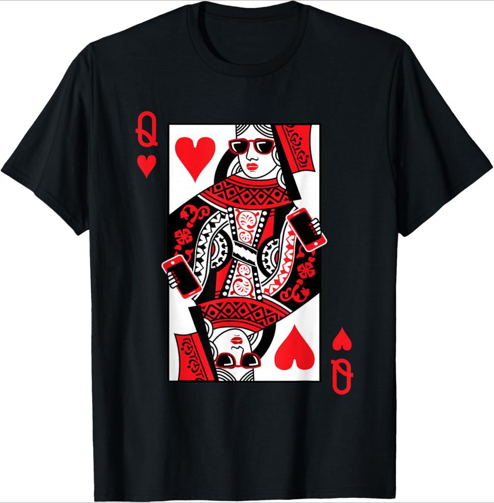 Queen of Hearts Black TShirt Retro Playing Cards Print Womens ShortSleeved Daily Wear Casual Loose Fit Basic Crew Neck Top