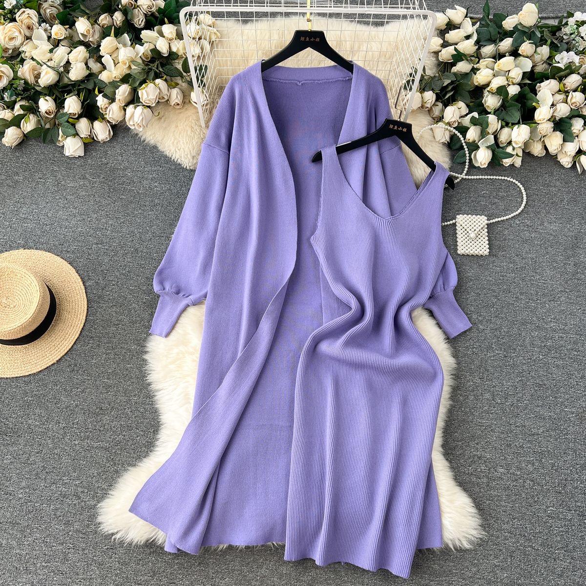 

Французский элитный однотонный вязаный модный костюм, комплект из двух предметов, женское осеннее платье-комбинация с v-образным вырезом + свободная тонкая куртка с длинными рукавами One Size фиолетовый