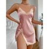 1 Pc Solid Satin Lace Trim Nightgown, Sexy V Neck Side Split Cross Strappy Backless Mini Slip Dress, Women's Sleepwear 140/150g