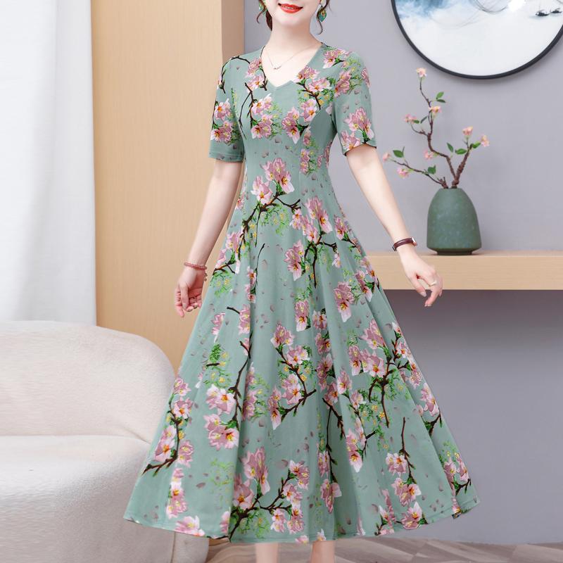 

Элегантные женские платья с коротким рукавом, повседневное длинное платье с винтажным принтом, летняя тонкая женская одежда среднего возраста 5XL