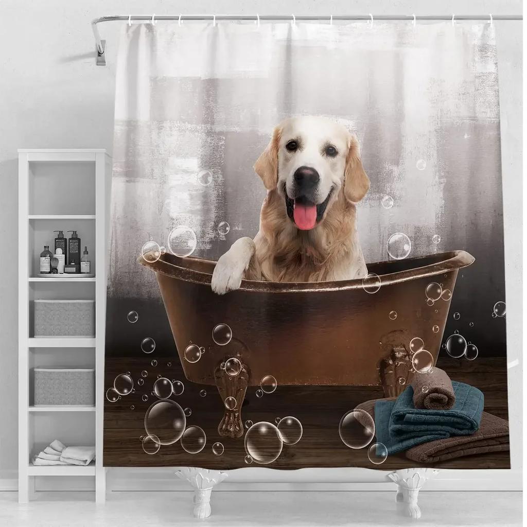 Cats and Dogs Shower Curtain Raining Cartoon Corgi Cute Animal Hilarious Pet Playing Water Polyester Waterproof Bathroom Curtain
