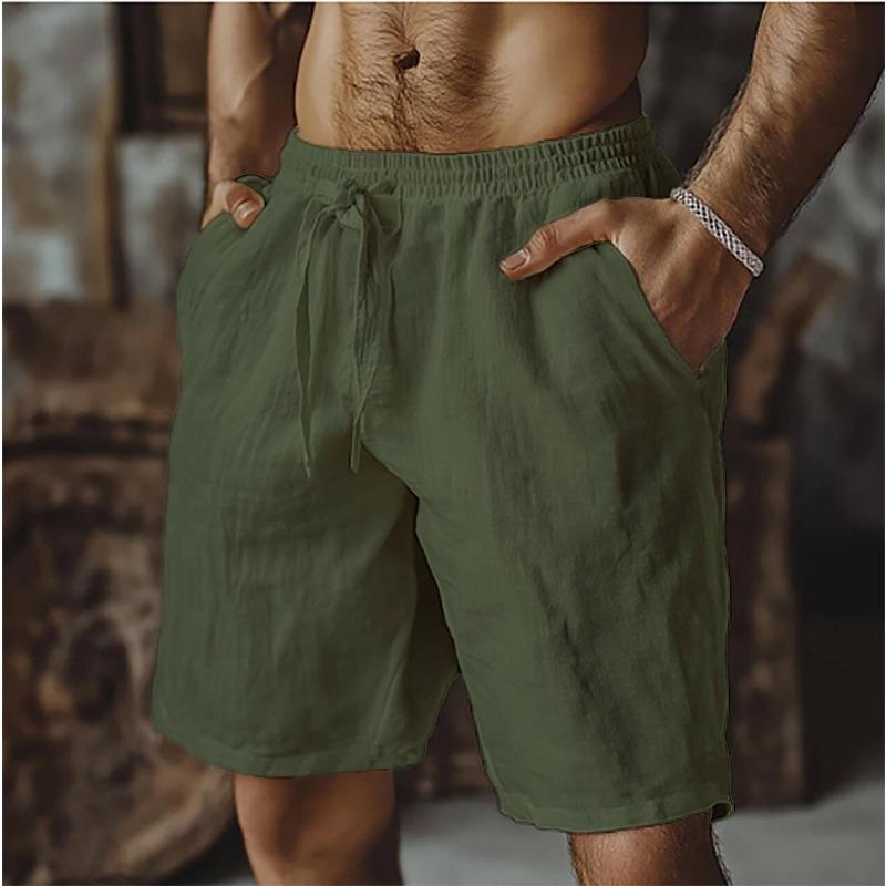 New cotton and linen shorts, drawstring elastic waist straight legs, solid color breathable daily beach five-point casual pants