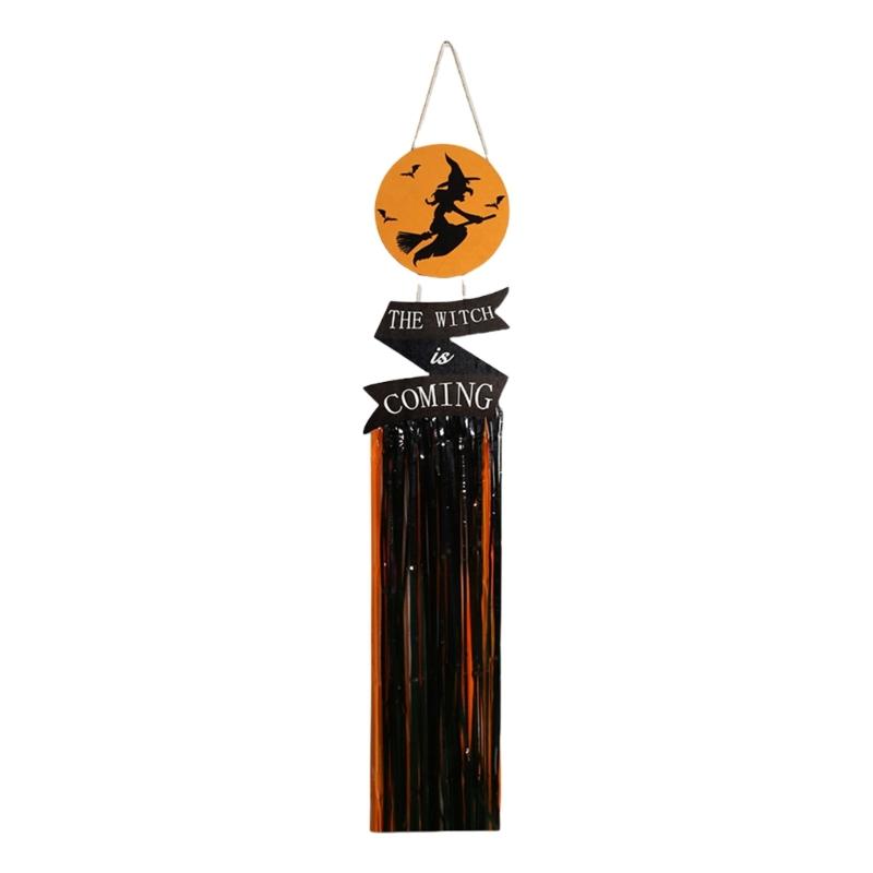 Wood Sign with Tassels Halloween Decoration Front Door Hanging Plaques Ornament with Bat Witch Pattern for Home Decors
