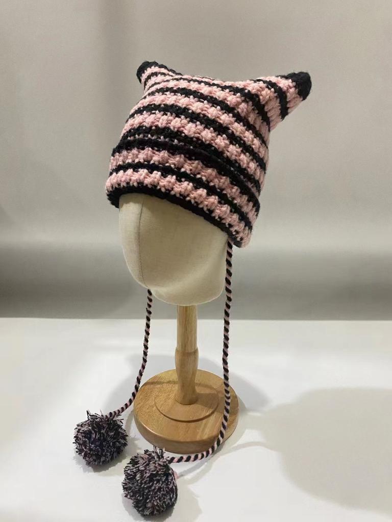 Japanese Little Devil Striped Hairball Knitted Wool Hat Children Autumn And Winter Cat Ears Cute Funny Pullover Hat