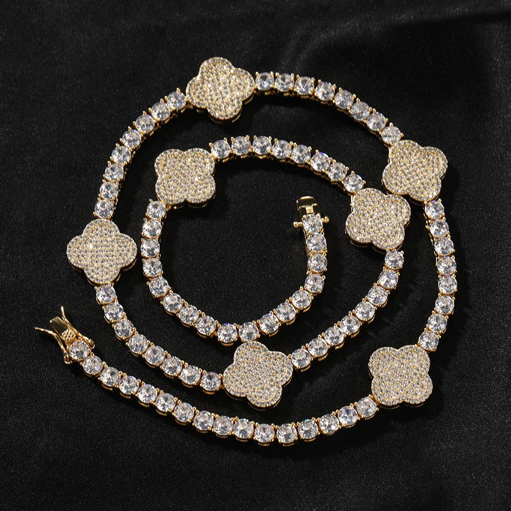 ins wind light luxury four-leaf clover splicing zircon tennis chain bracelet men and women with the same high-end necklace 7inch bracelet