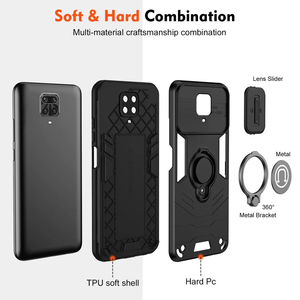 For Xiaomi Redmi Note 9S Case Slide Lens Camera Case For Redmi Note9 Note 9 Pro Max Shockproof Armor Magnet Ring Cover