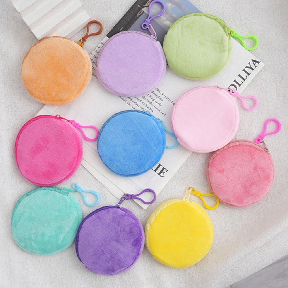 1Pcs Kawaii ID Card Bag Round Coin Purse Pure Color Keychain Coin Bag Plush Thin Short Cute Wallet for Women