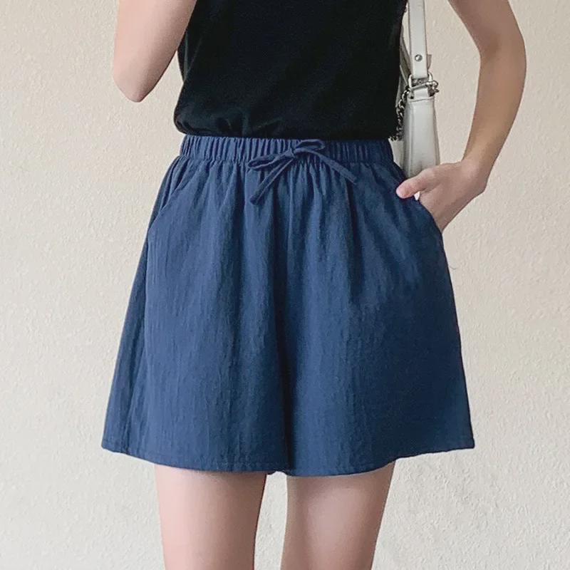 

2023 Женские льняные хлопковые повседневные шорты больших размеров с широкими штанинами L (120-140 jin) королевский синий