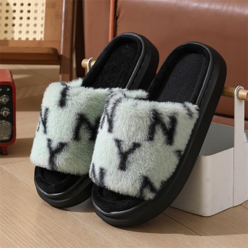 New autumn fluffy slippers women's thick bottom opening household indoor non-slip home plush cotton slippers