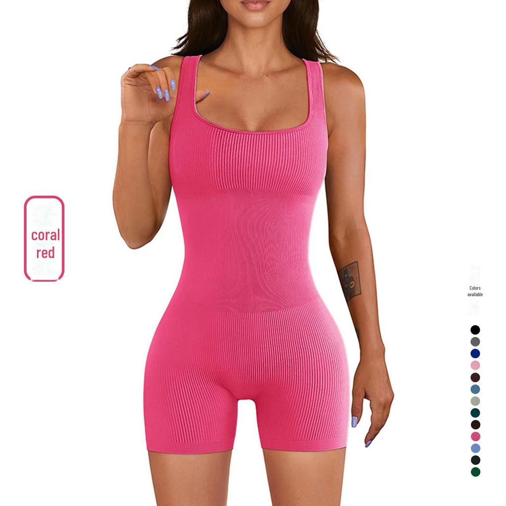 2023 Women's Ribbed Yoga Jumpsuit - Short-Sleeved and Tight Fit for Summer Fitness