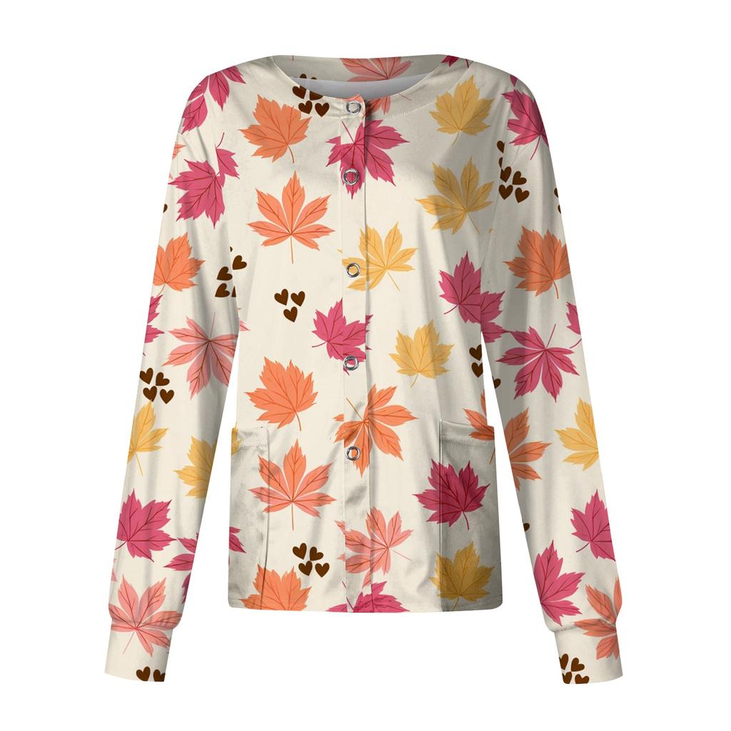 Women's Casual Long Sleeve Leaf Floral Print Single-Breasted Cardigan for Caregivers