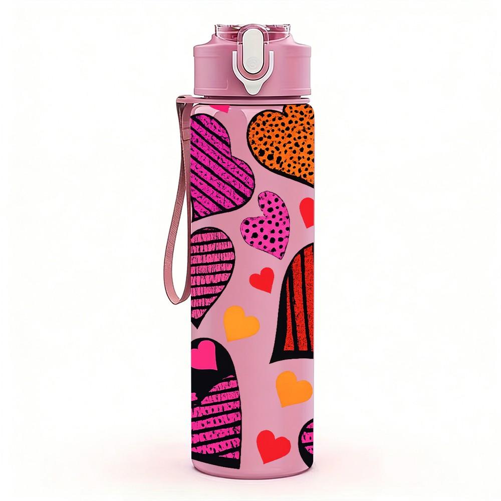 1PC Multi Color Heart Seamless Print 750ml Color Plastic Sports Water Bottle Leakproof Flip Straw Lid Suitable for Sports Office Home Use