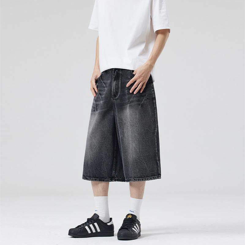 Summer American Lightning Crack Denim Cropped Pants Men's Straight Loose Wide Leg Shorts