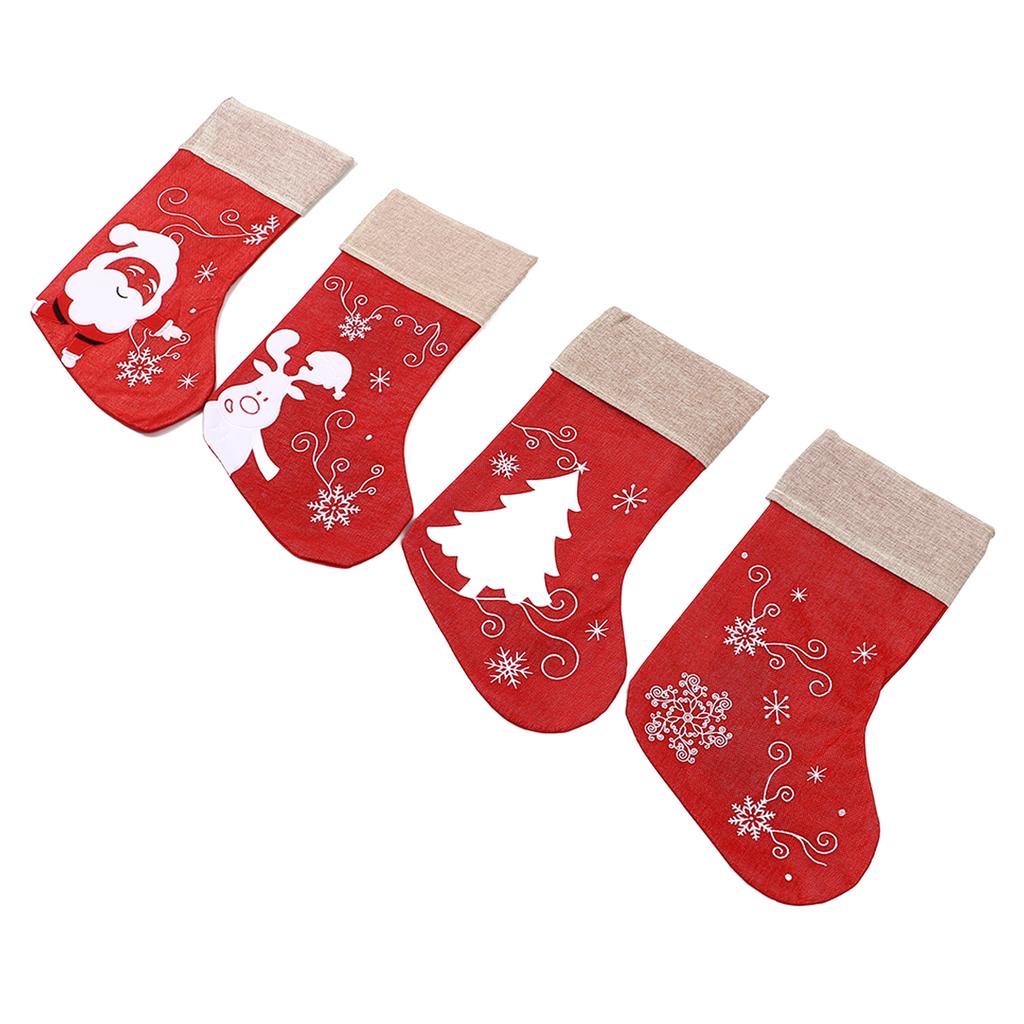 Christmas Stocking Decorative Cartoon Pattern Cuff Stocking Ornament for Tree Stairs Fireplace Red 4pcs