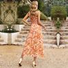 Women Summer Elegant Skew Shoulder Printed High Waist Floral Dresses