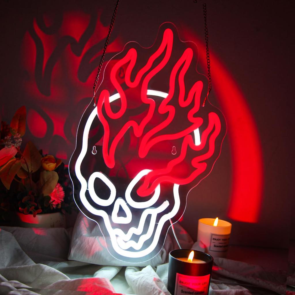 Skull Fire Neon Walls Decorated with Dimmable Halloween LED,USB-powered Men Cave Bar Club Game Room Halloween Party Decorations
