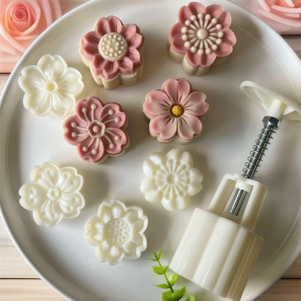 2025 Sakura Mung Bean Cake 3D Mold Set - Hand-Pressed, 50g 50g Gorgeous Sakura (1 mold 4 plates) покинуть белый