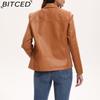 BITCED Fashion Women's Leather Jacket, Short Leather Jacket, Knitted Patchwork Stretch Coat