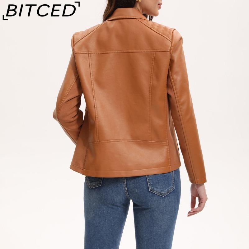 BITCED Fashion Women's Leather Jacket, Short Leather Jacket, Knitted Patchwork Stretch Coat