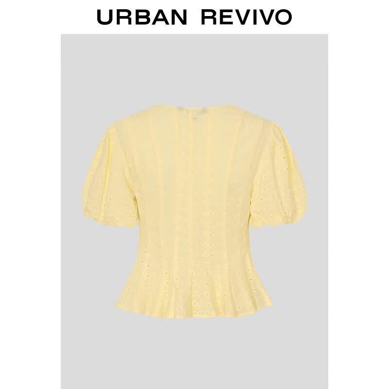 UR Women s Jacquard V-Neck Puff Sleeve Blouse XS