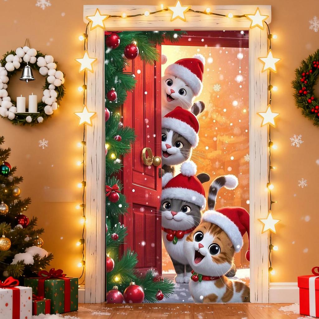 Housse de porte d'entrée de Noël Mignonne Réutilisable Imperméable Quatre Chats Bannière de porte de Noël Décor de fête Pour Intérieur Extérieur Bureau
