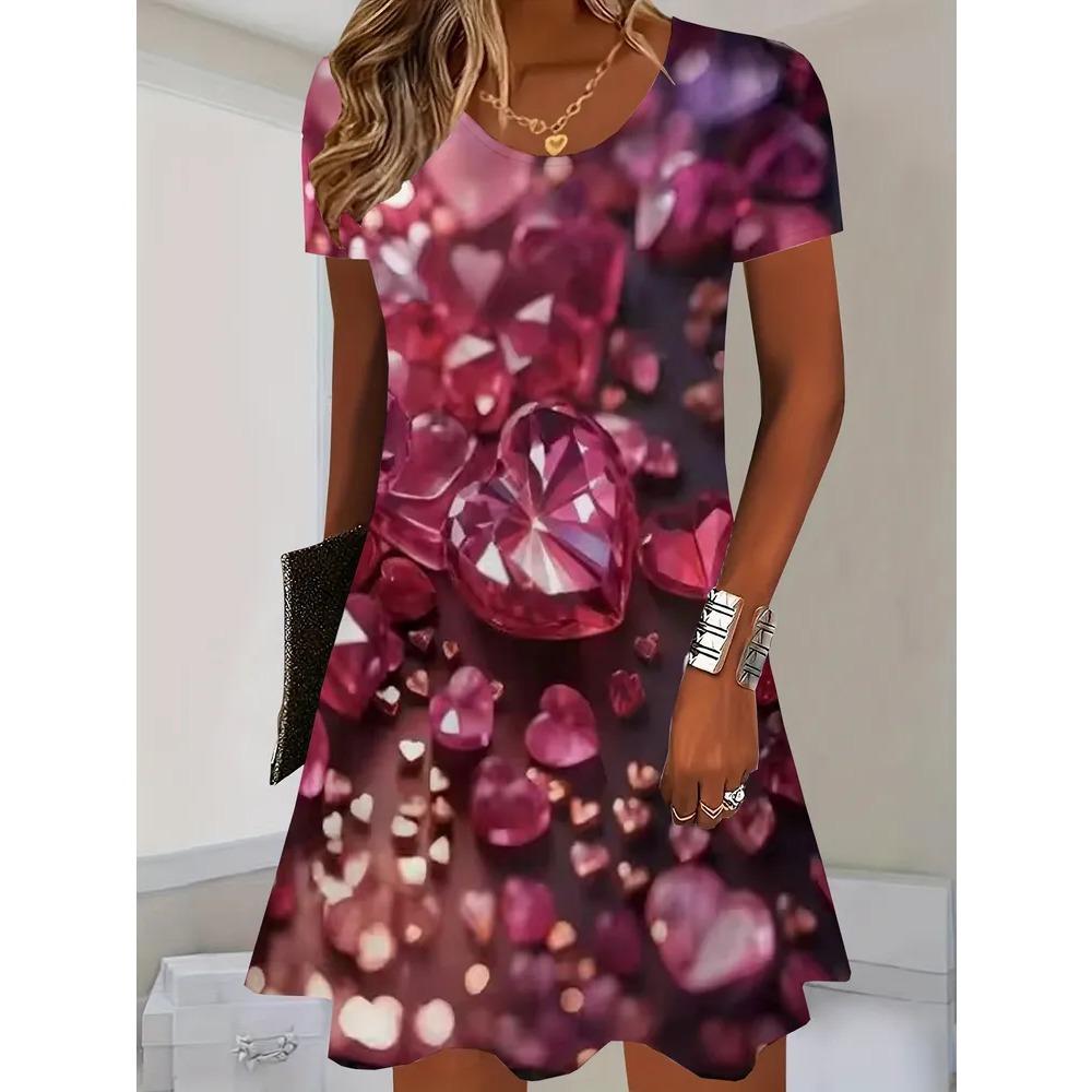 Summer Round Neck Short Sleeved Dress Colorful Heart-shaped Water Droplet Print Fashionable Comfortable Breathable Vacation Casual Women's Mini Dress